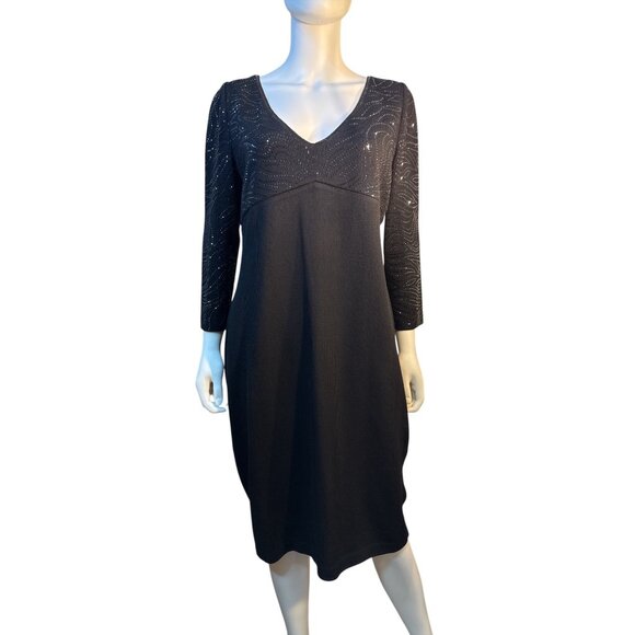 St. John Bodycon V-Neck Dress With Rhinestone Embellished Top Black Size 12 EUC - Picture 1 of 8